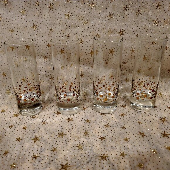 (4) BAILEYS Irish Cream Hvy Base Gold Dot Confetti Shot Glasses w/Etched BB Logo - Picture 1 of 4